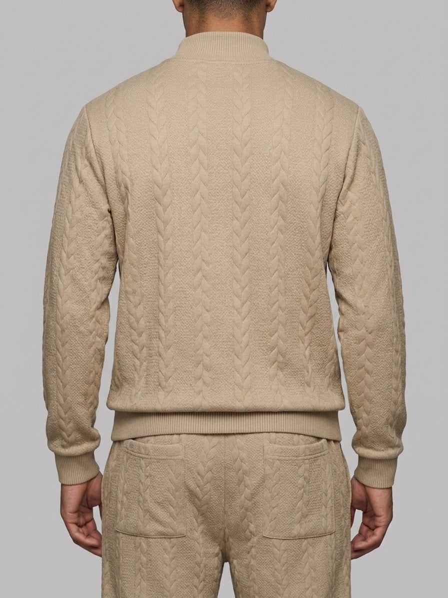 Montalcino Men's Cable-Knit Mock Neck Sweater and Jogger Set — khaki — closeback