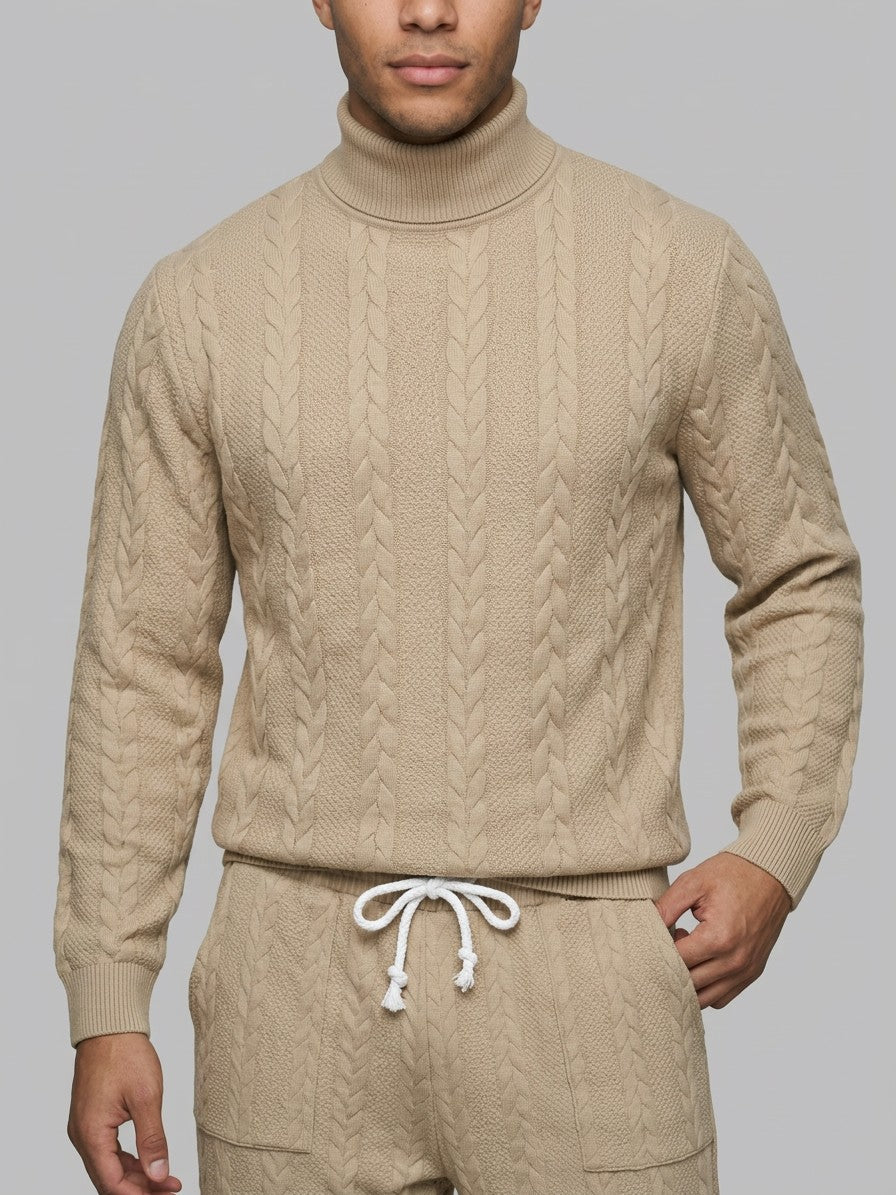 Montalcino Men's Cable-Knit Mock Neck Sweater and Jogger Set — khaki — closefront