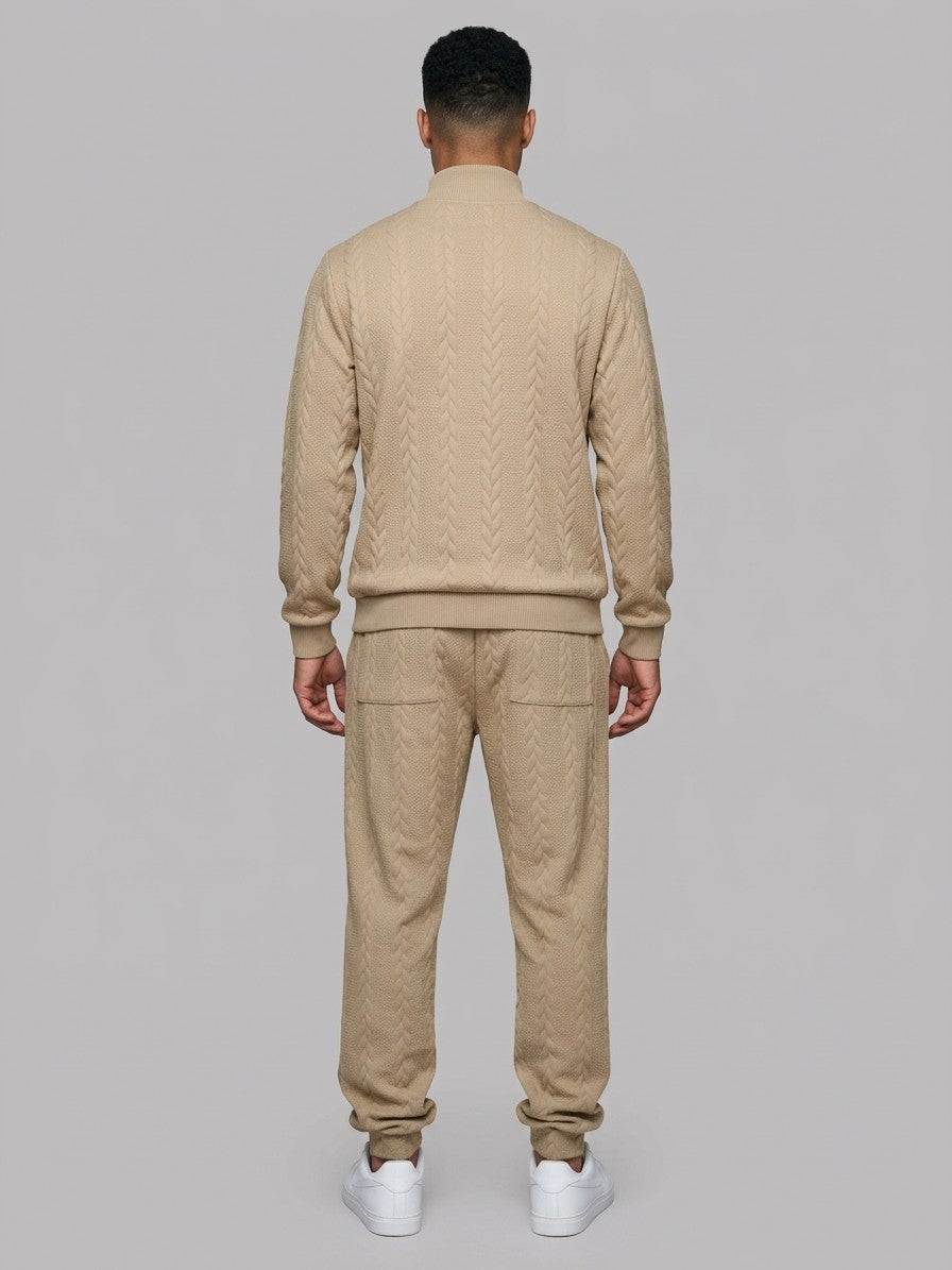 Montalcino Men's Cable-Knit Mock Neck Sweater and Jogger Set — khaki — fullback