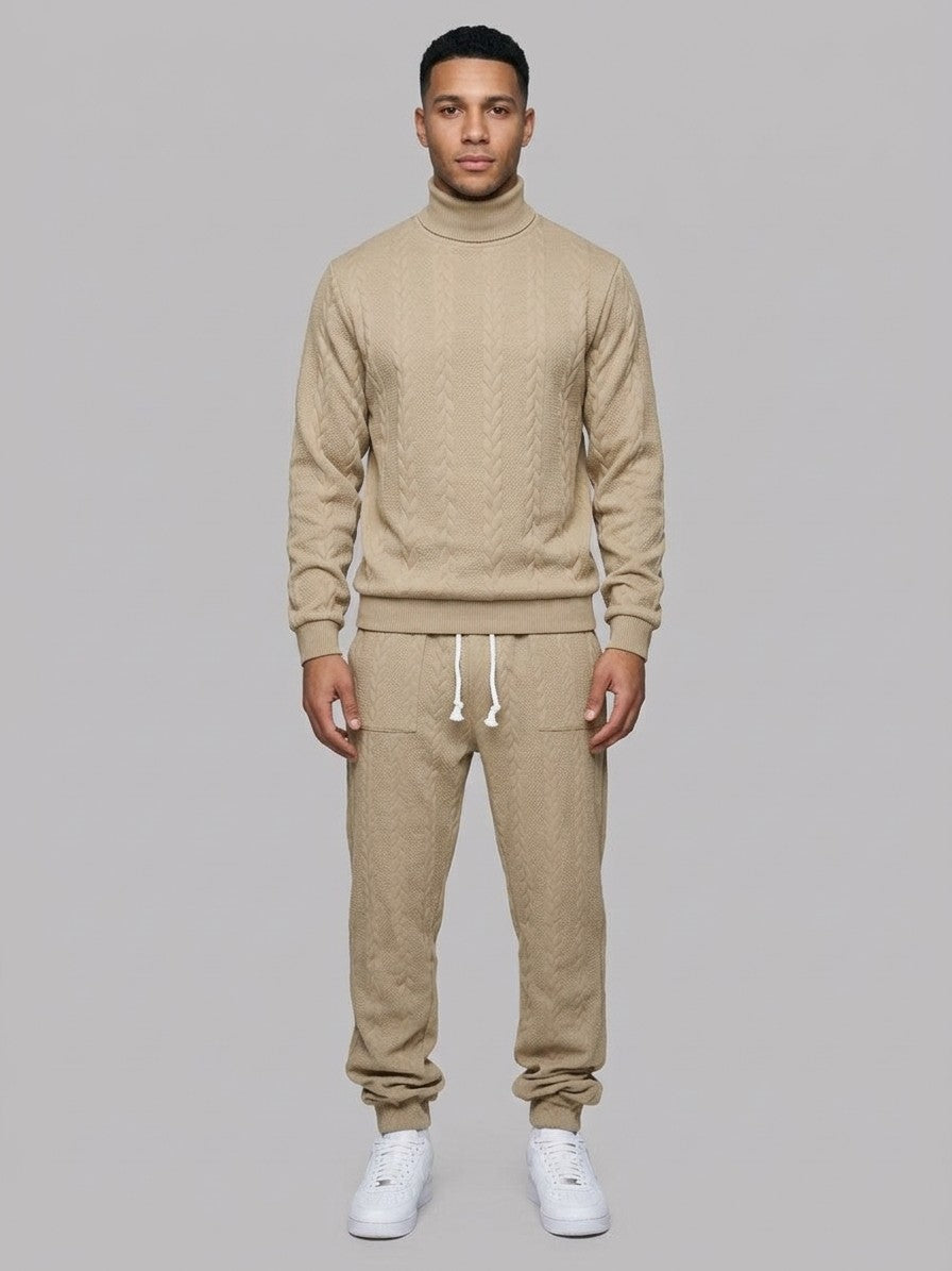 Montalcino Men's Cable-Knit Mock Neck Sweater and Jogger Set — khaki — fullfront