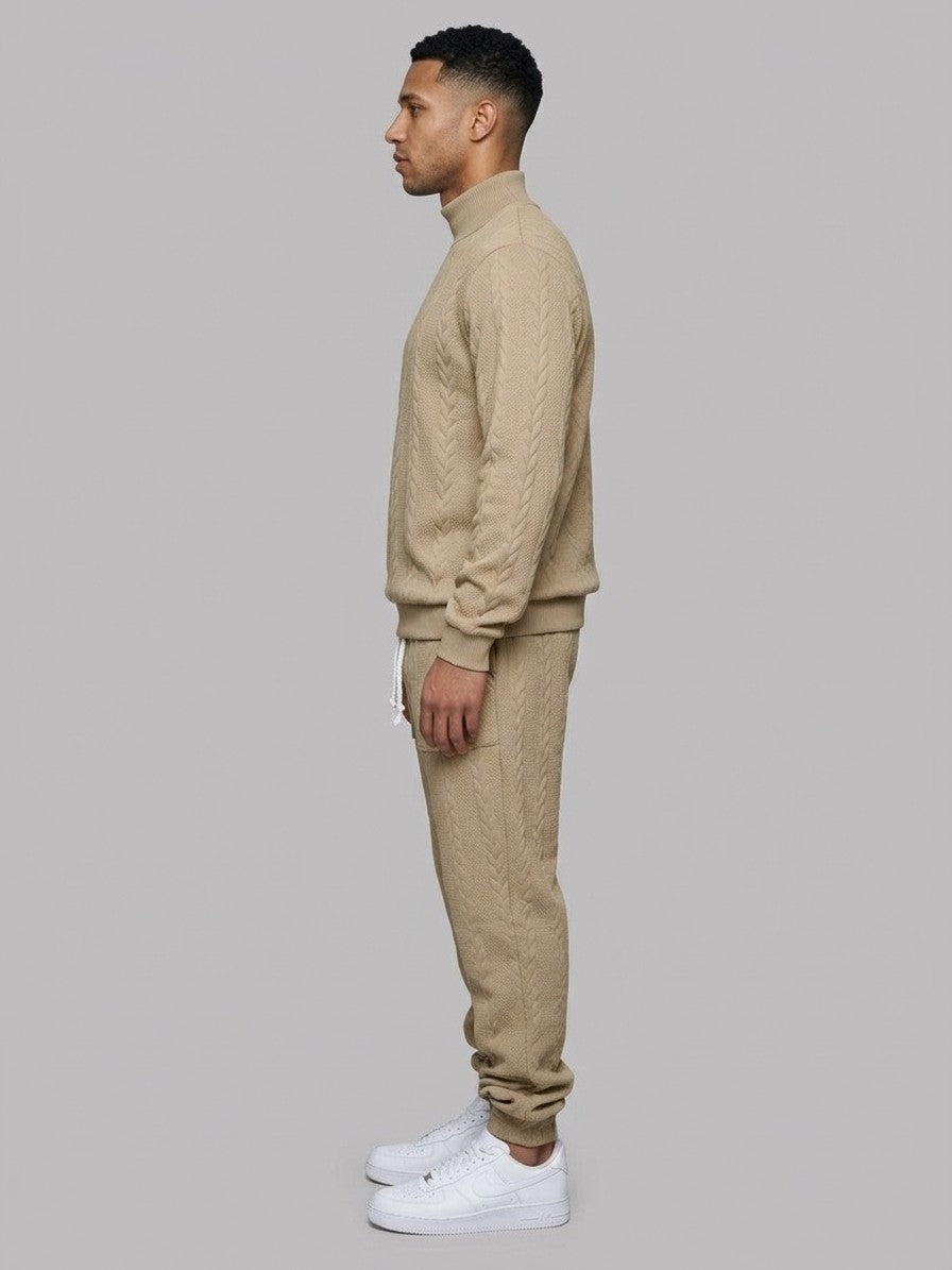 Montalcino Men's Cable-Knit Mock Neck Sweater and Jogger Set — khaki — fullside