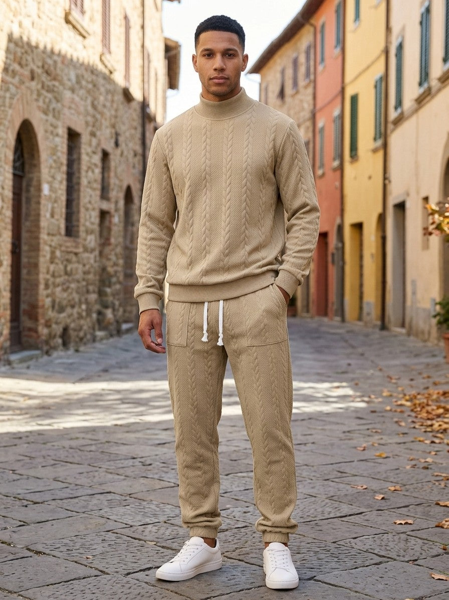 Montalcino Men's Cable-Knit Mock Neck Sweater and Jogger Set — khaki — lifestyle