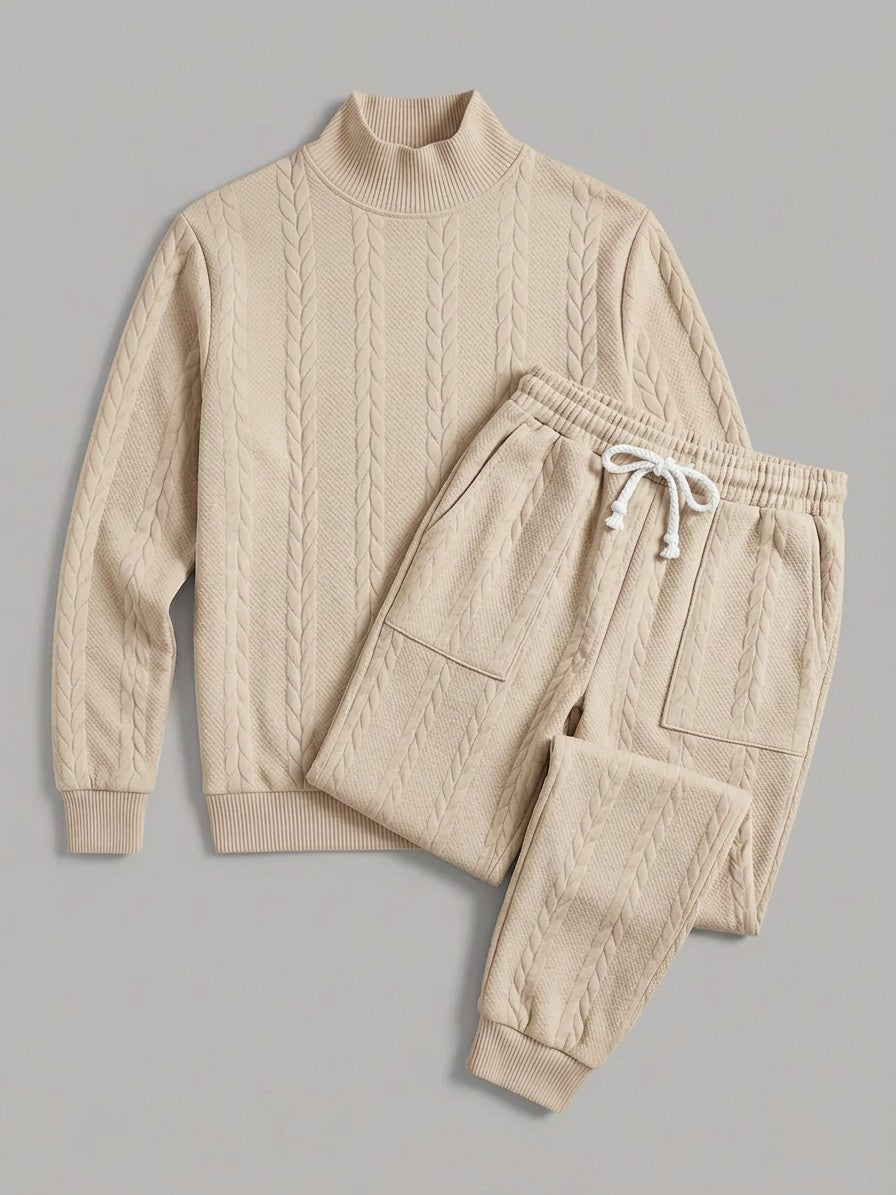Montalcino Men's Cable-Knit Mock Neck Sweater and Jogger Set — khaki — packshot