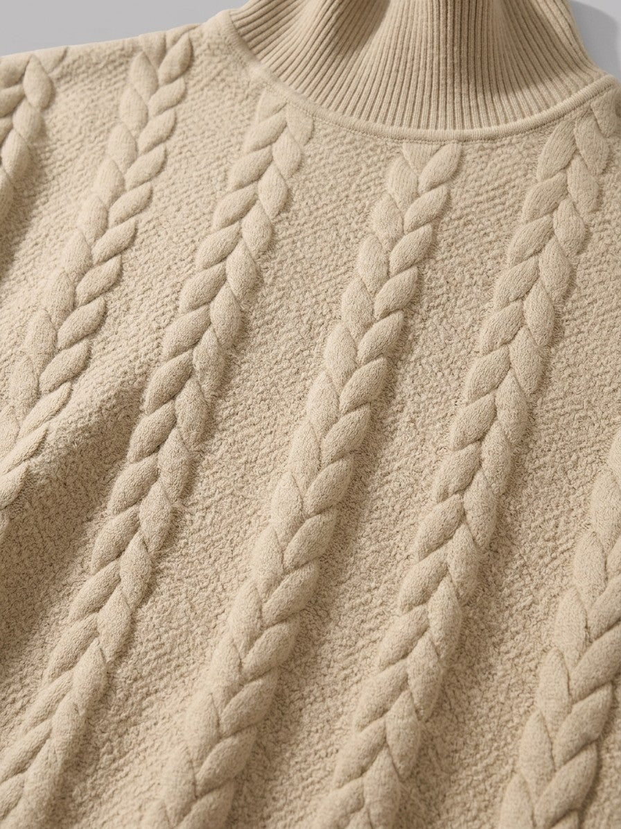 Montalcino Men's Cable-Knit Mock Neck Sweater and Jogger Set — khaki — topfabric