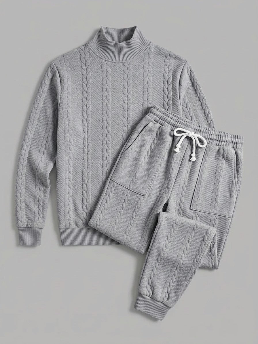 Montalcino Men's Cable-Knit Mock Neck Sweater and Jogger Set — lightgray — packshot