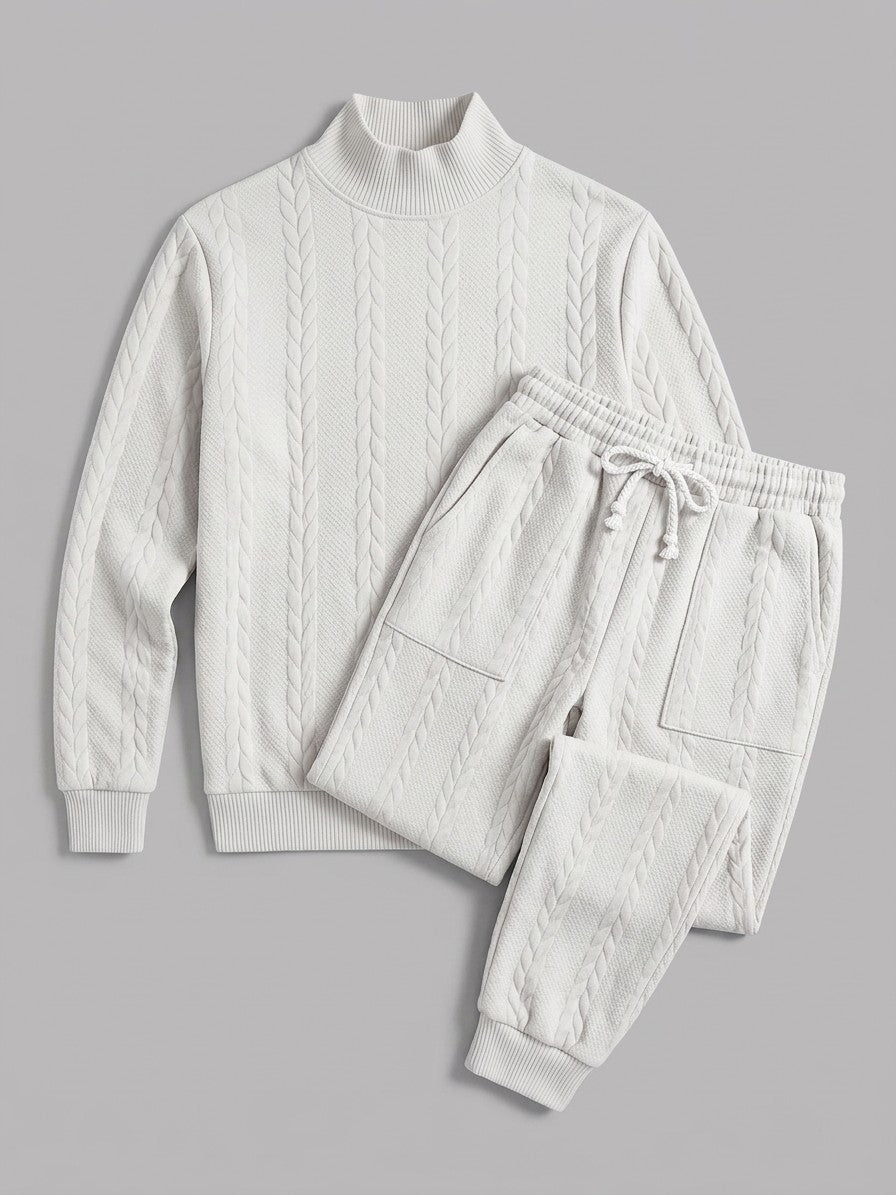 Montalcino Men's Cable-Knit Mock Neck Sweater and Jogger Set — white — packshot
