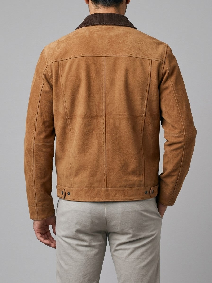 Montalto Men's Genuine Suede Corduroy-Collar Work Jacket — cognac — back