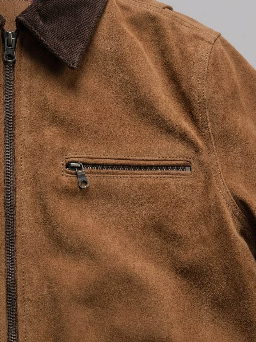 Montalto Men's Genuine Suede Corduroy-Collar Work Jacket — cognac — detail-2