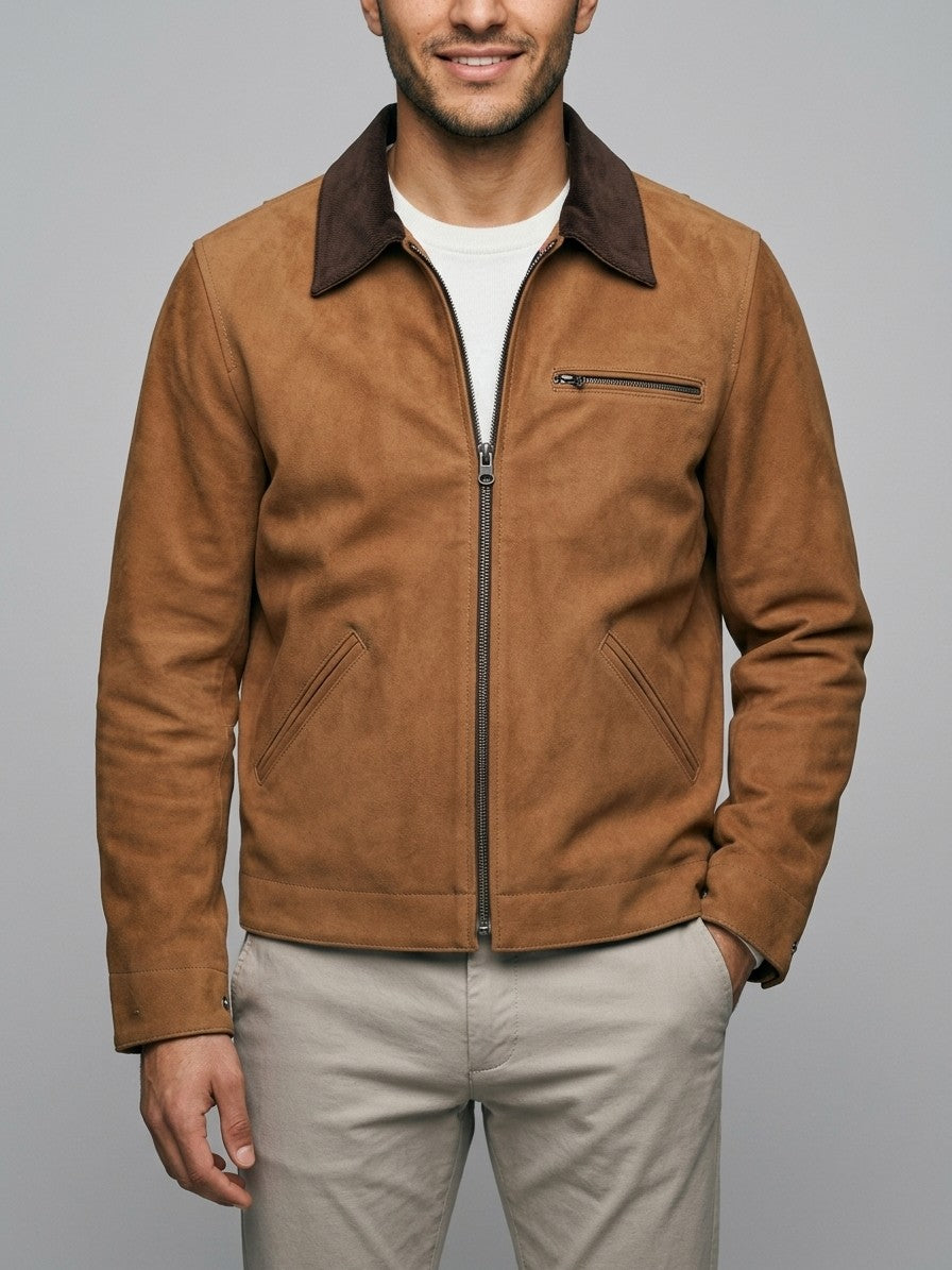 Montalto Men's Genuine Suede Corduroy-Collar Work Jacket — cognac — front