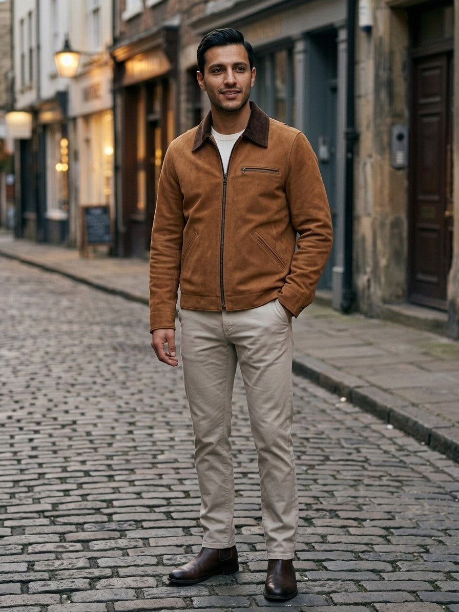 Montalto Men's Genuine Suede Corduroy-Collar Work Jacket — cognac — lifestyle