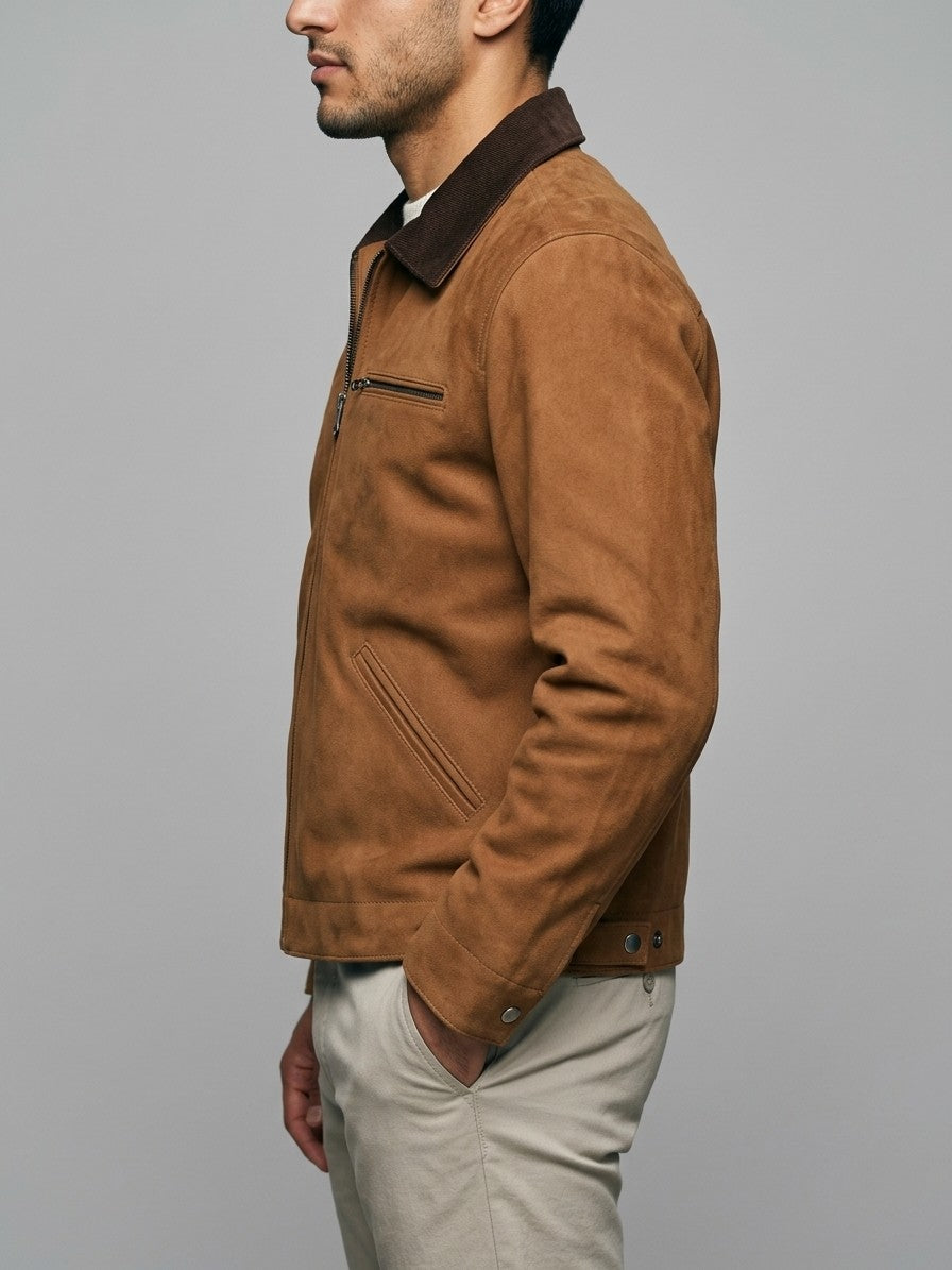 Montalto Men's Genuine Suede Corduroy-Collar Work Jacket — cognac — side