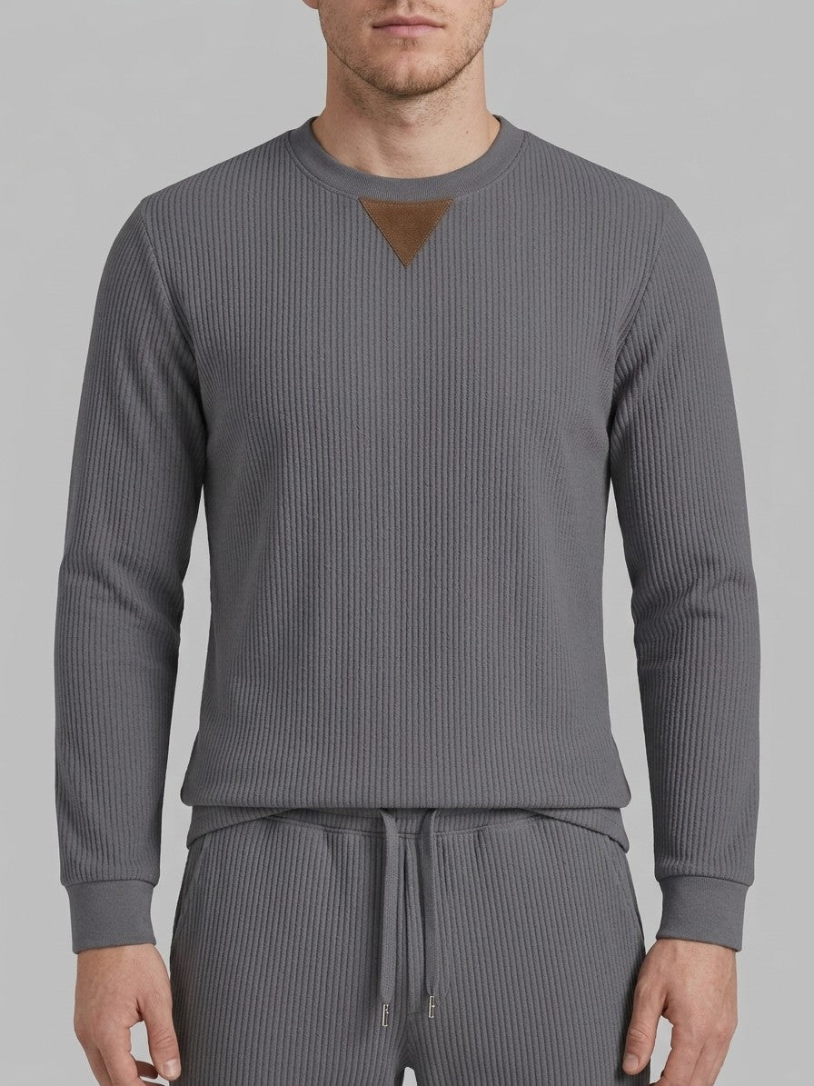 Montecatini Men's Ribbed-Knit Crewneck and Straight-Leg Pant Set — grey — closefront