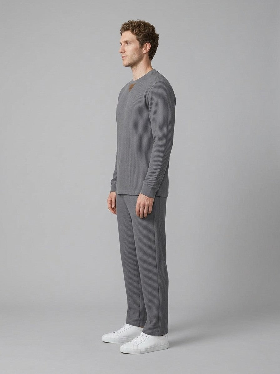 Montecatini Men's Ribbed-Knit Crewneck and Straight-Leg Pant Set — grey — fullside