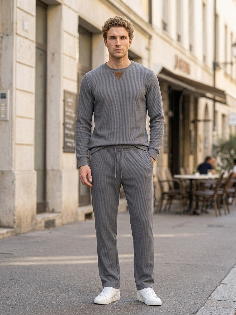 Montecatini Men's Ribbed-Knit Crewneck and Straight-Leg Pant Set — grey — lifestyle