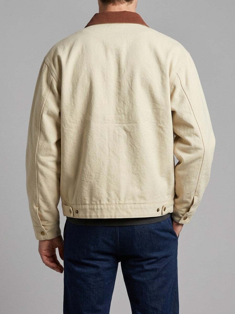 Montecchio Men's Contrast-Collar Canvas Work Jacket — cream — back