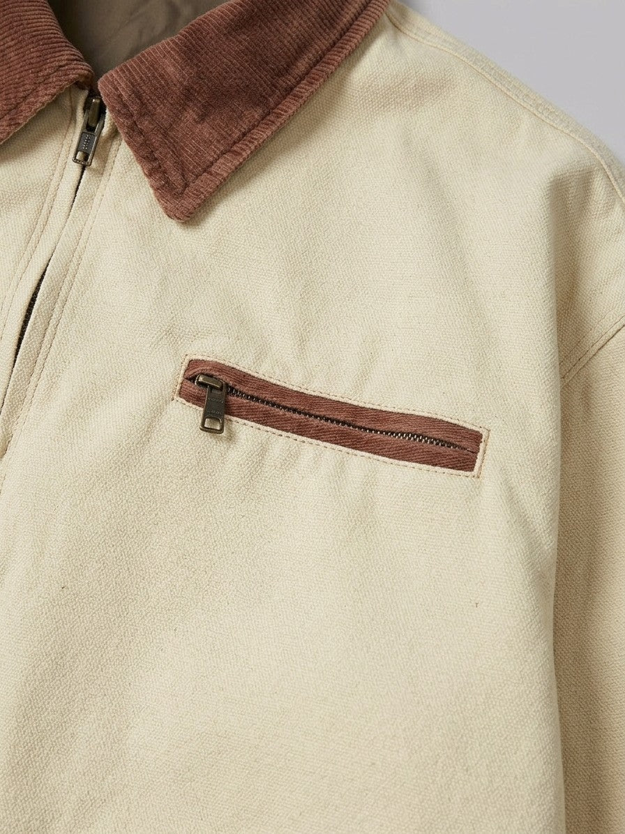 Montecchio Men's Contrast-Collar Canvas Work Jacket — cream — detail-2