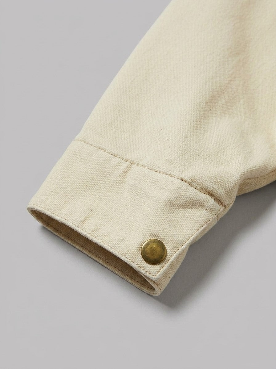 Montecchio Men's Contrast-Collar Canvas Work Jacket — cream — detail-collar