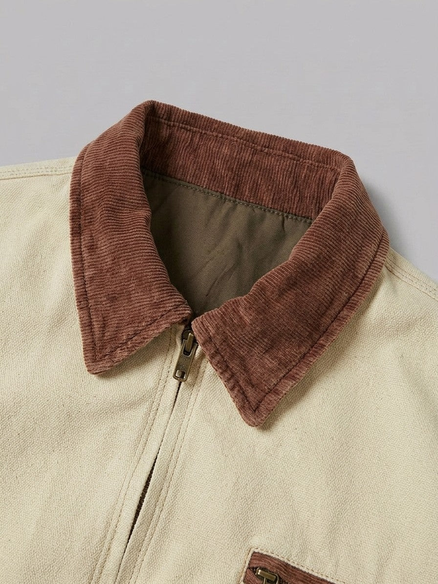Montecchio Men's Contrast-Collar Canvas Work Jacket — cream — detail