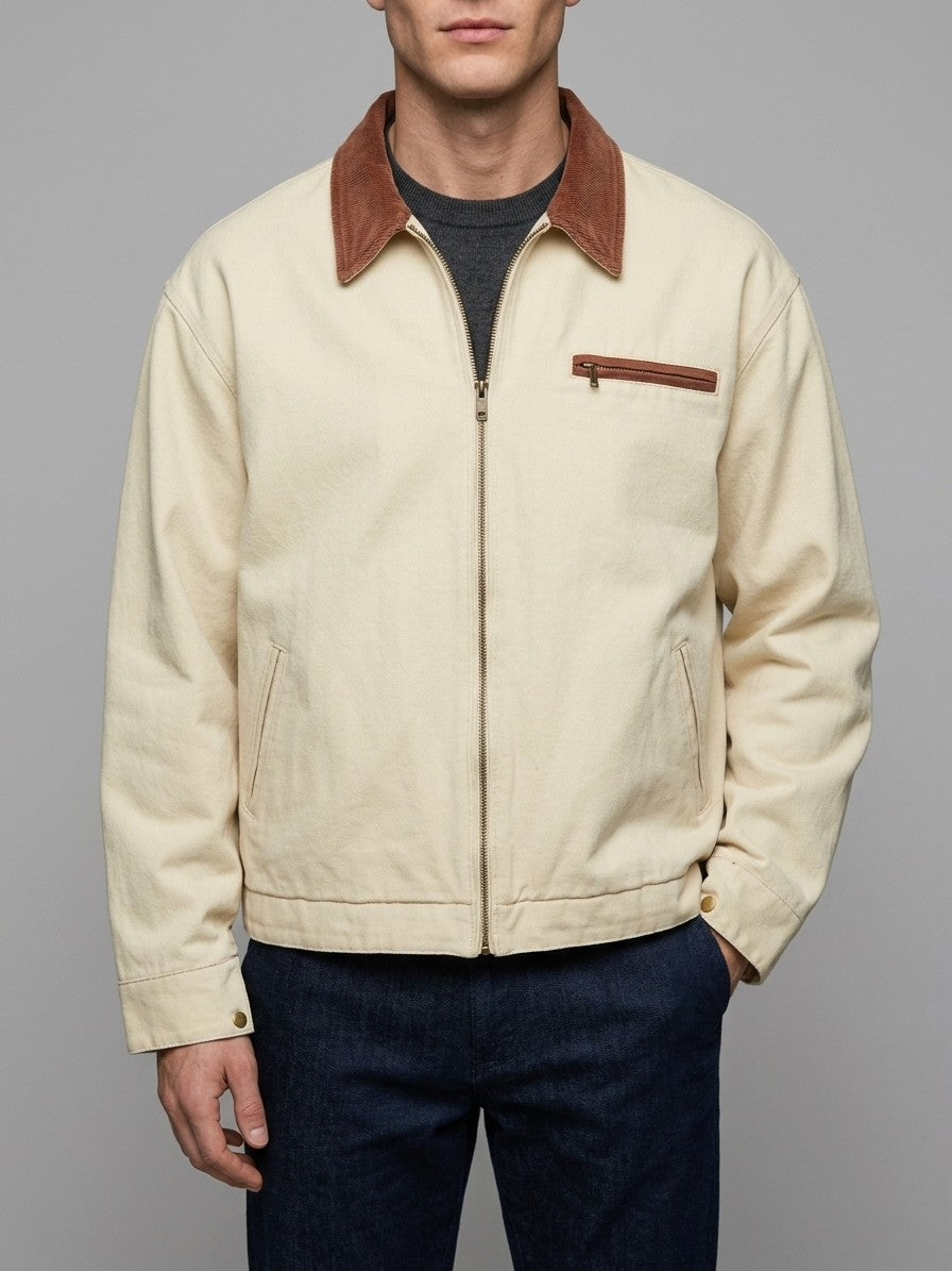 Montecchio Men's Contrast-Collar Canvas Work Jacket — cream — front