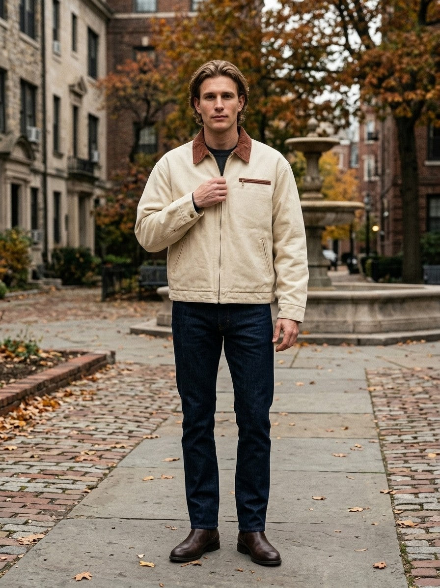 Montecchio Men's Contrast-Collar Canvas Work Jacket — cream — lifestyle
