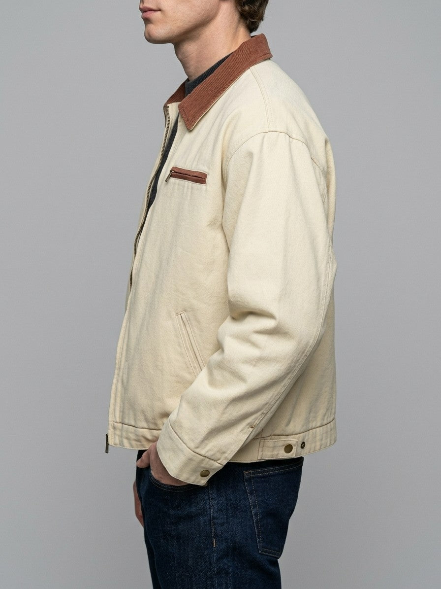 Montecchio Men's Contrast-Collar Canvas Work Jacket — cream — side