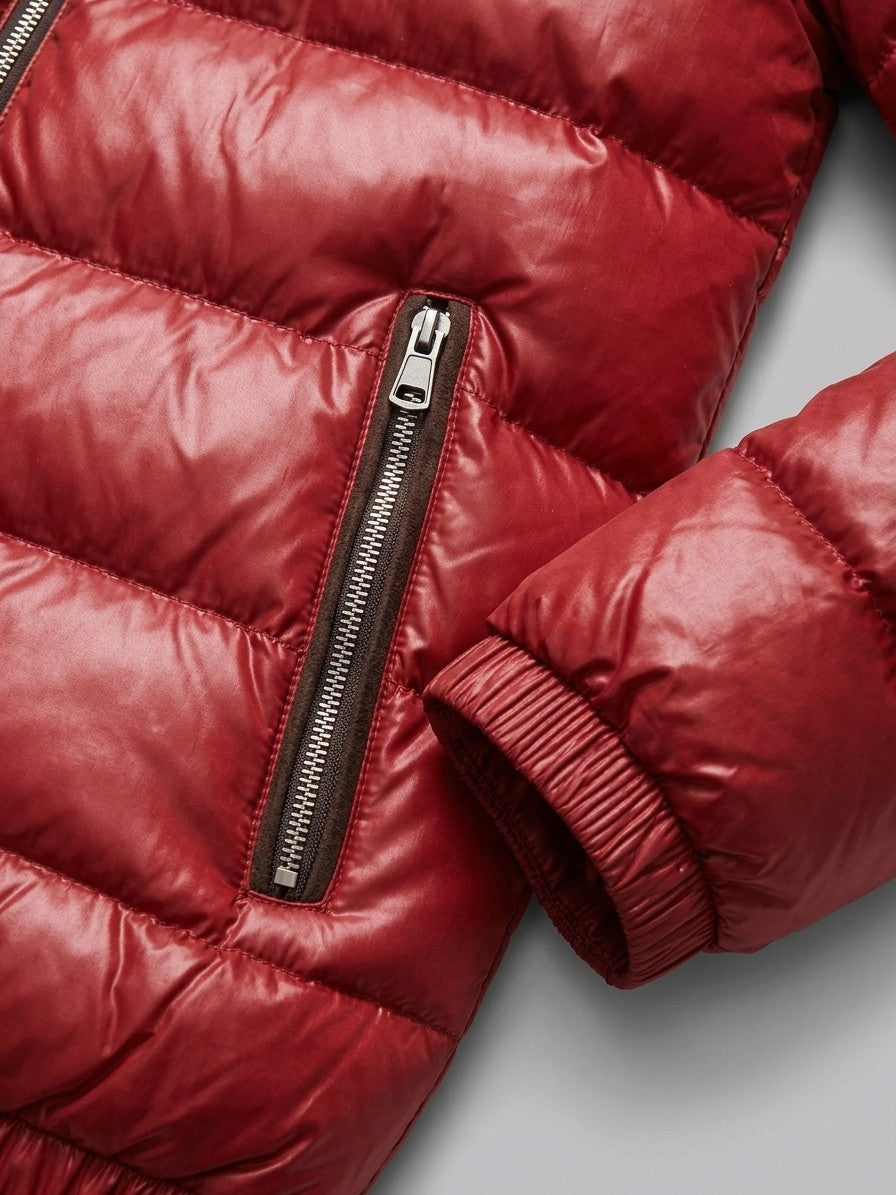 Montefalco Men's High-Shine Puffer Jacket — red — detail-collar