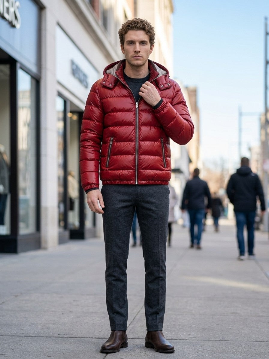 Montefalco Men's High-Shine Puffer Jacket — red — lifestyle