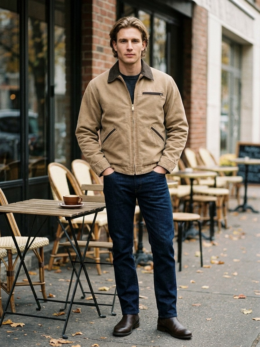 Montegiorgio Men's Washed Duck Canvas Work Jacket — khaki — lifestyle