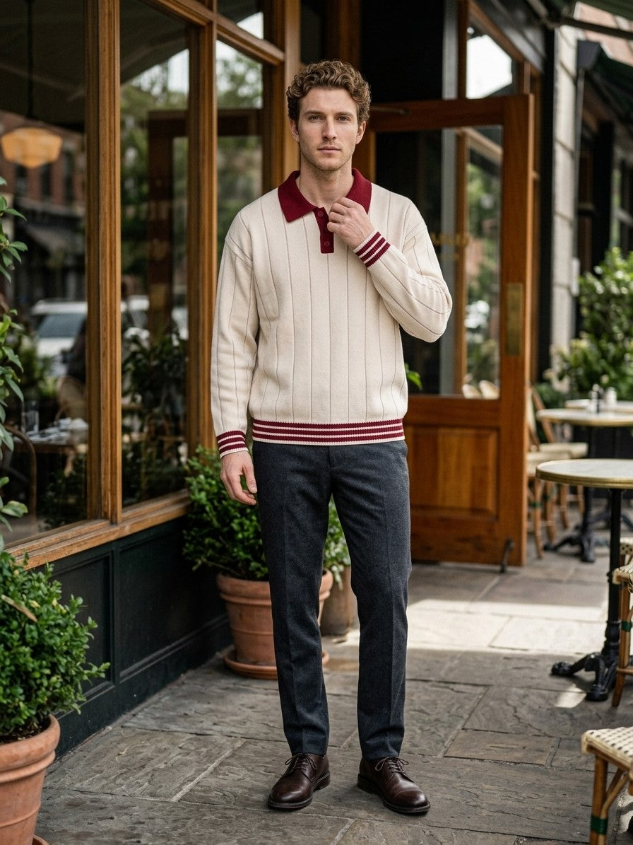 Montegrotto Men's Contrast Collar Knit Polo — creamred — lifestyle