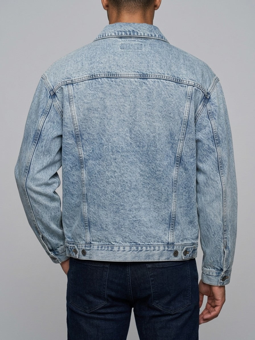 Montemerano Men's Acid Wash Denim Trucker Jacket — lightwashblue — back