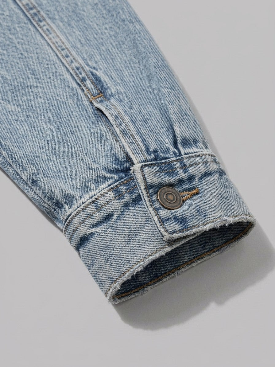 Montemerano Men's Acid Wash Denim Trucker Jacket — lightwashblue — detail-collar