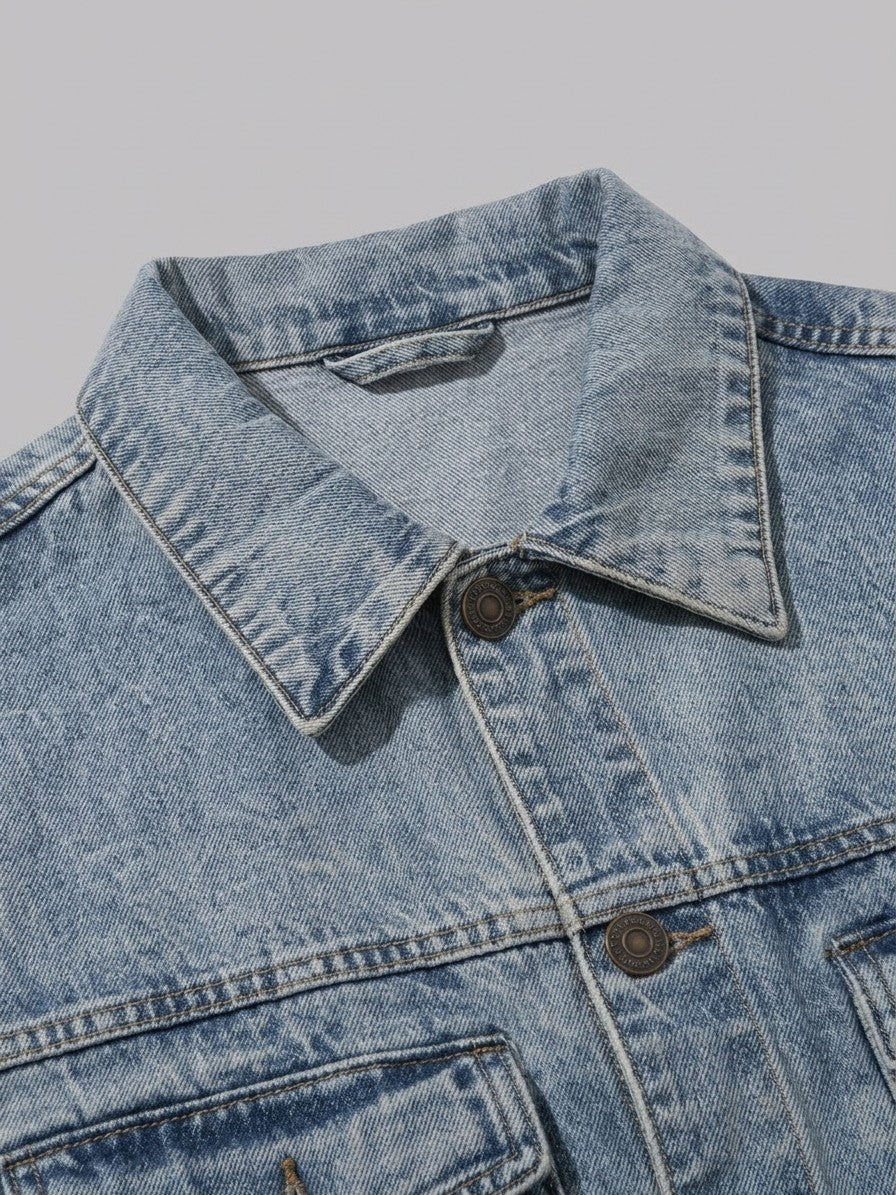 Montemerano Men's Acid Wash Denim Trucker Jacket — lightwashblue — detail