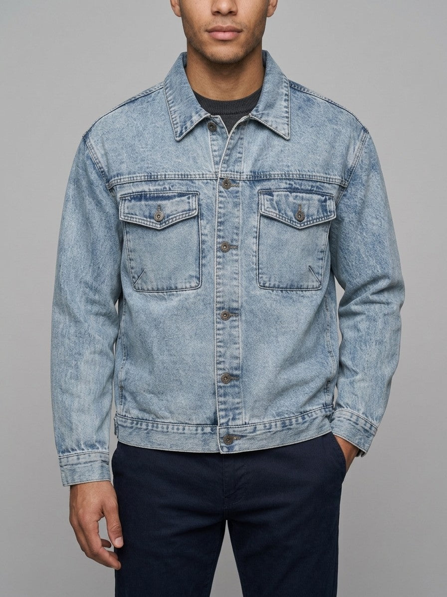 Montemerano Men's Acid Wash Denim Trucker Jacket — lightwashblue — front