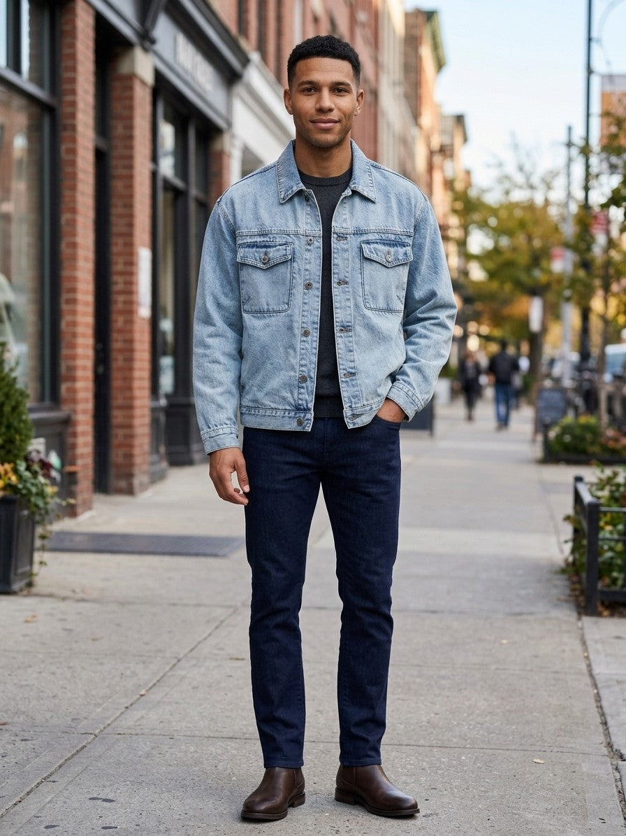 Montemerano Men's Acid Wash Denim Trucker Jacket — lightwashblue — lifestyle