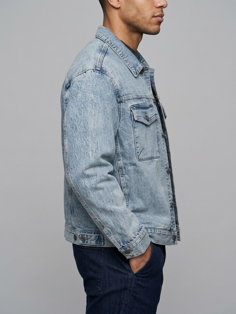 Montemerano Men's Acid Wash Denim Trucker Jacket — lightwashblue — side