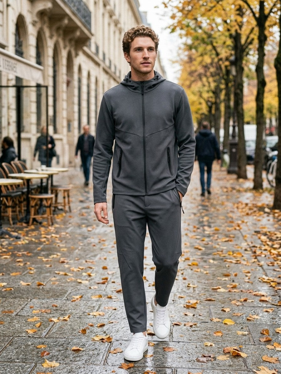 Montepulciano Men's Hooded Zip Jacket and Tapered Pant Set — darkgray — lifestyle