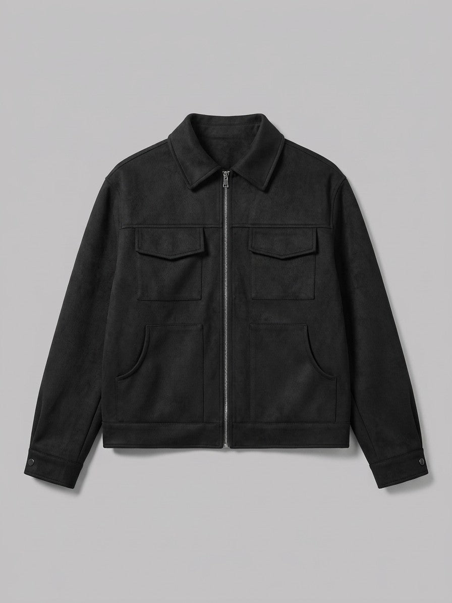 Monteriggioni Men's Scoop-Pocket Faux Suede Utility Jacket — black — packshot