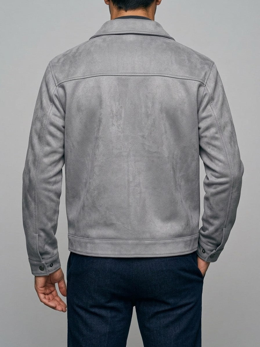 Monteriggioni Men's Scoop-Pocket Faux Suede Utility Jacket — grey — back