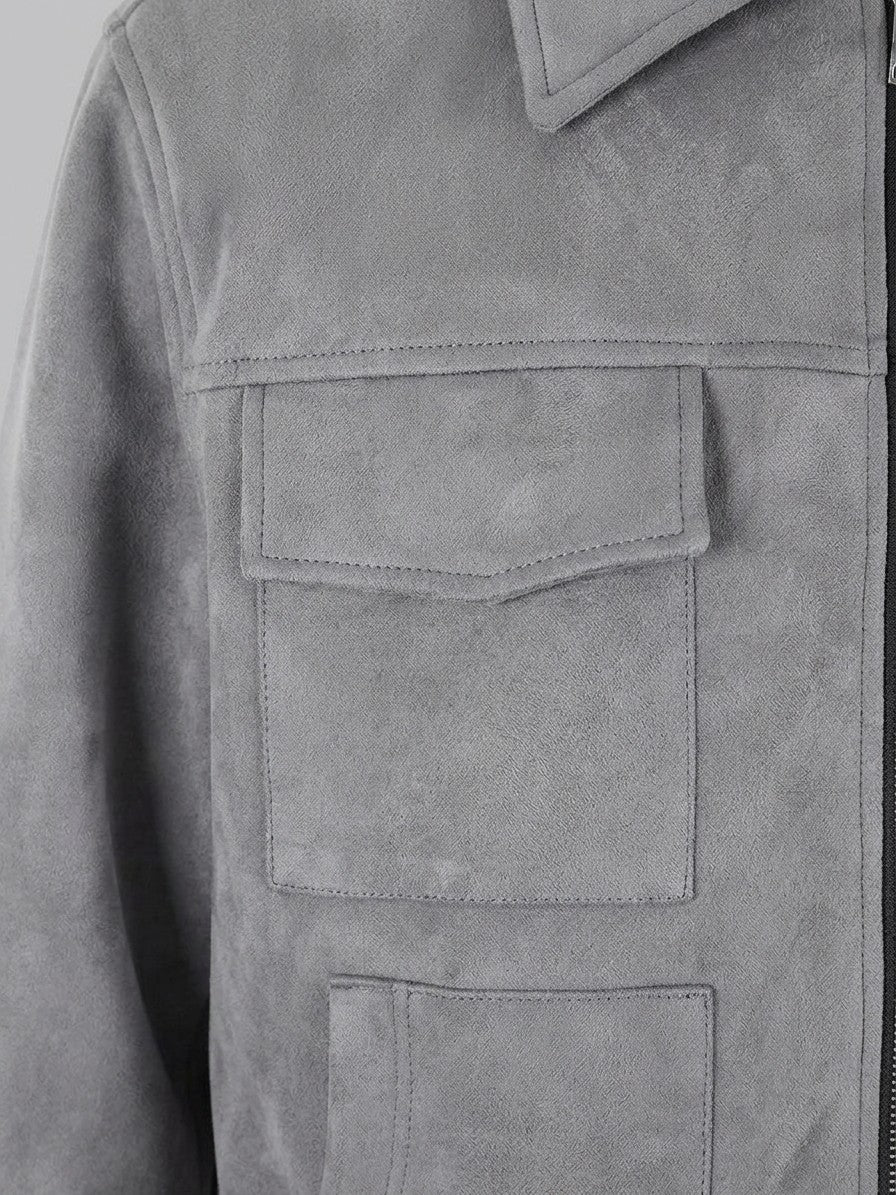 Monteriggioni Men's Scoop-Pocket Faux Suede Utility Jacket — grey — detail-2