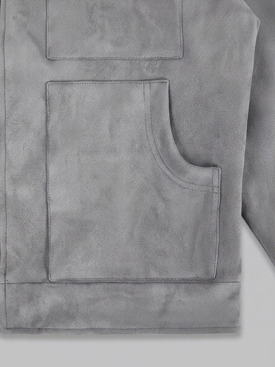 Monteriggioni Men's Scoop-Pocket Faux Suede Utility Jacket — grey — detail-collar