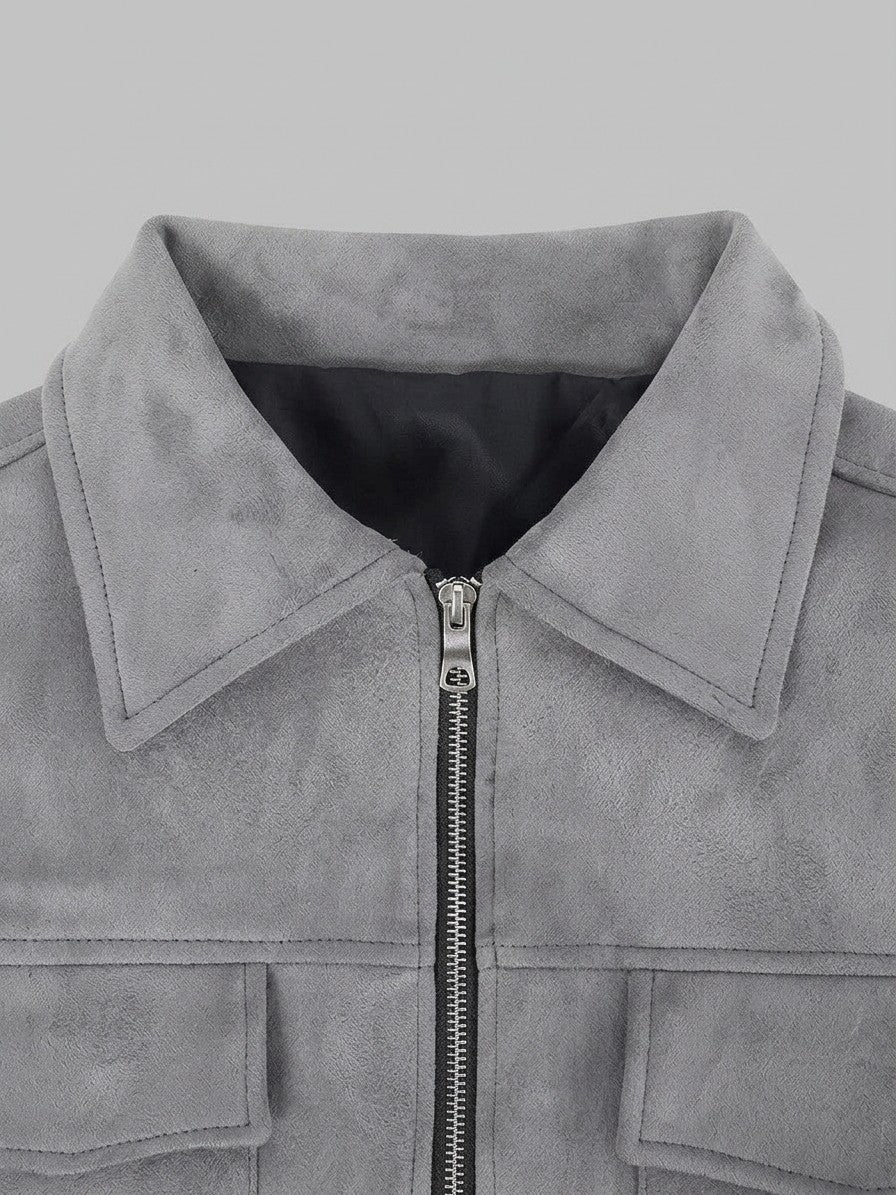Monteriggioni Men's Scoop-Pocket Faux Suede Utility Jacket — grey — detail