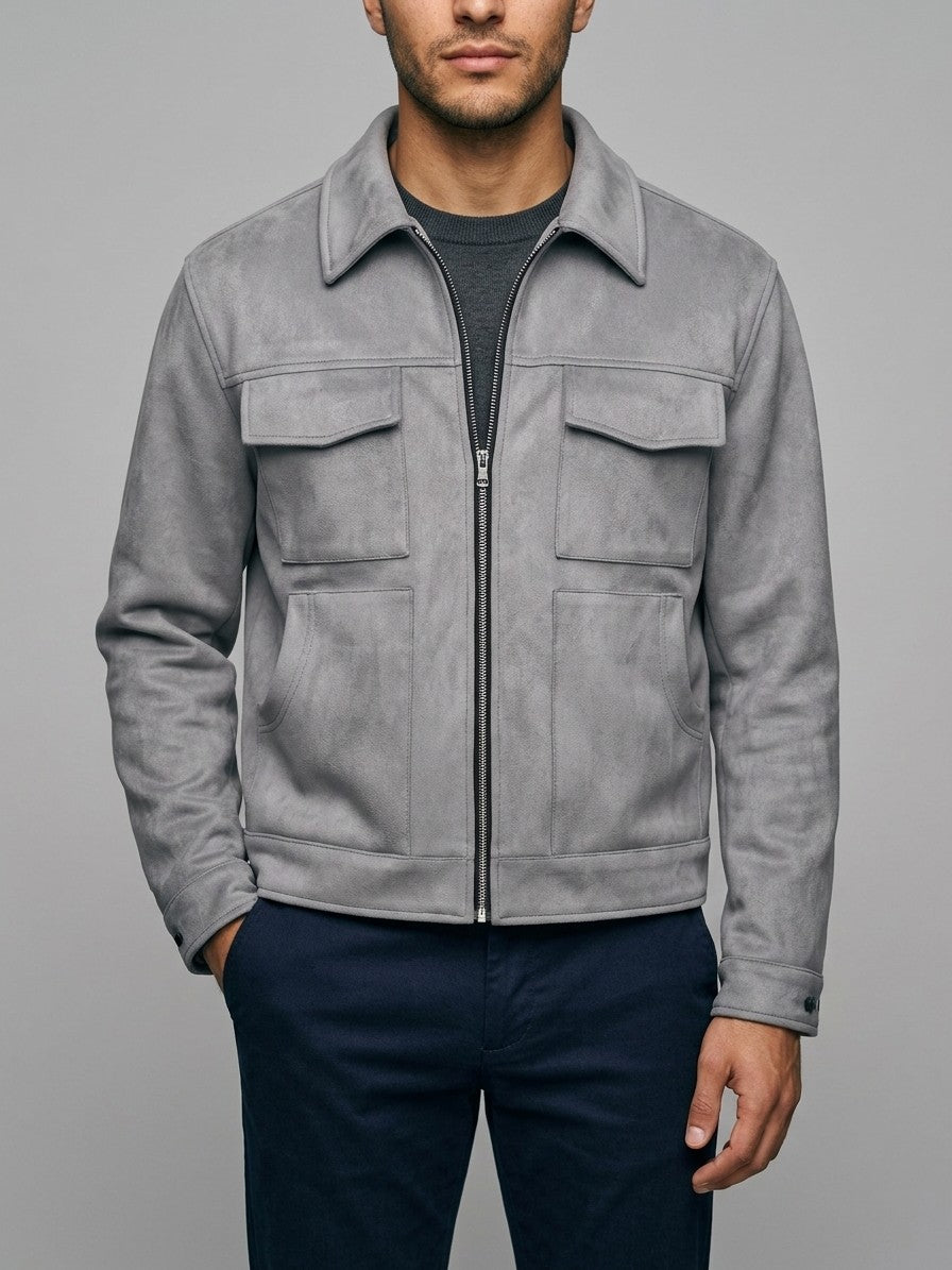 Monteriggioni Men's Scoop-Pocket Faux Suede Utility Jacket — grey — front