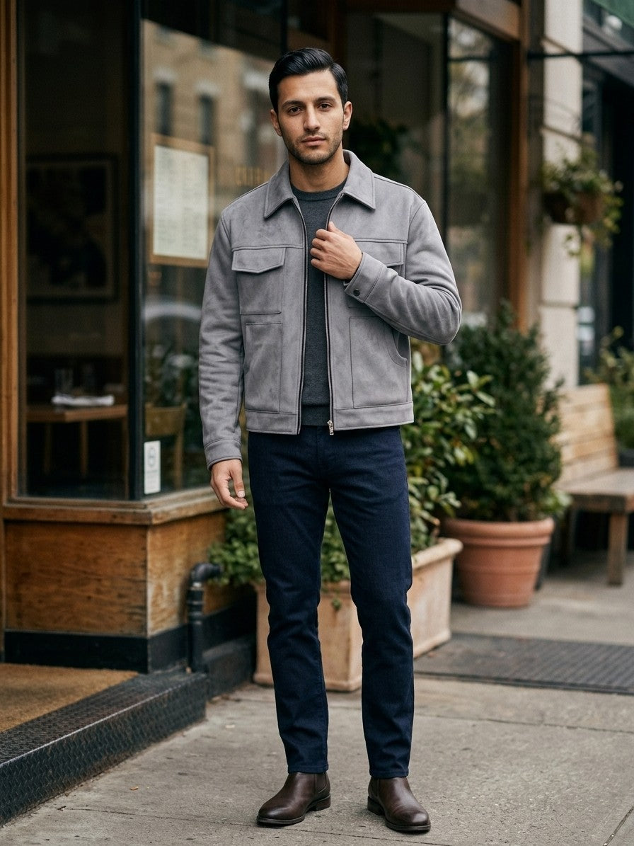 Monteriggioni Men's Scoop-Pocket Faux Suede Utility Jacket — grey — lifestyle
