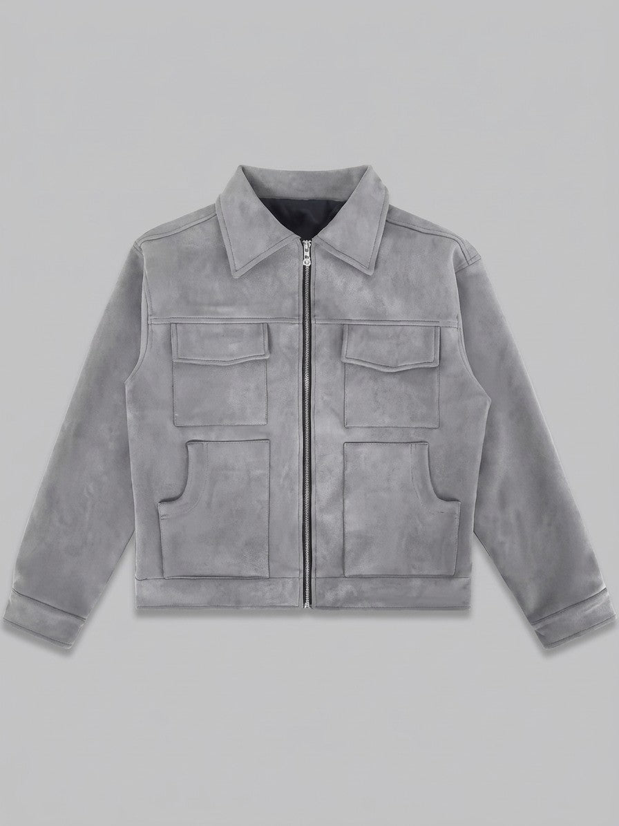 Monteriggioni Men's Scoop-Pocket Faux Suede Utility Jacket — grey — packshot