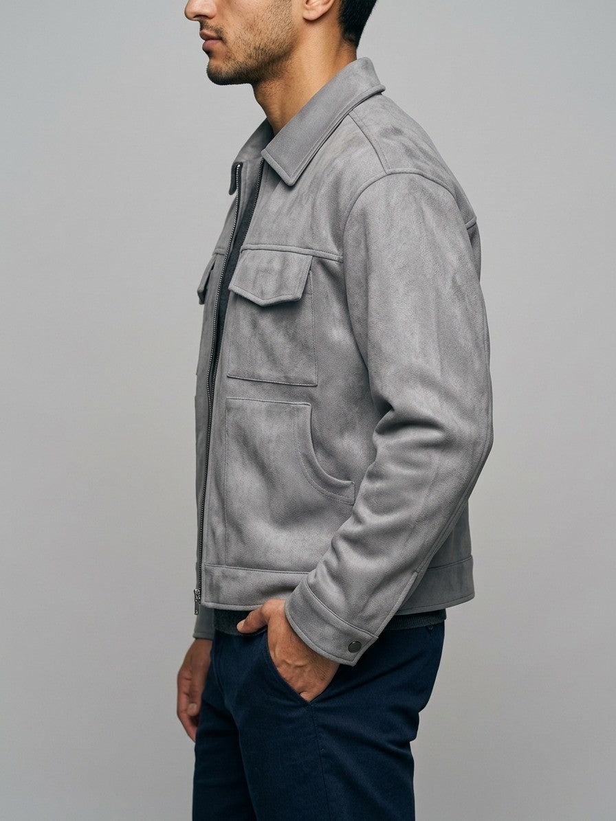 Monteriggioni Men's Scoop-Pocket Faux Suede Utility Jacket — grey — side