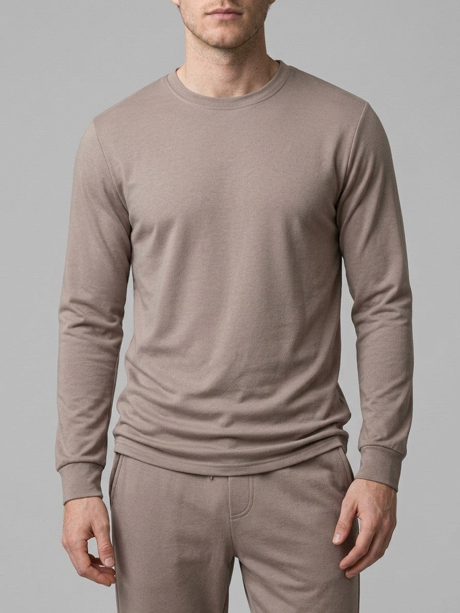 Monterosso Men's Slim-Fit Crew Top and Cuffed Jogger Set — mocha — closefront