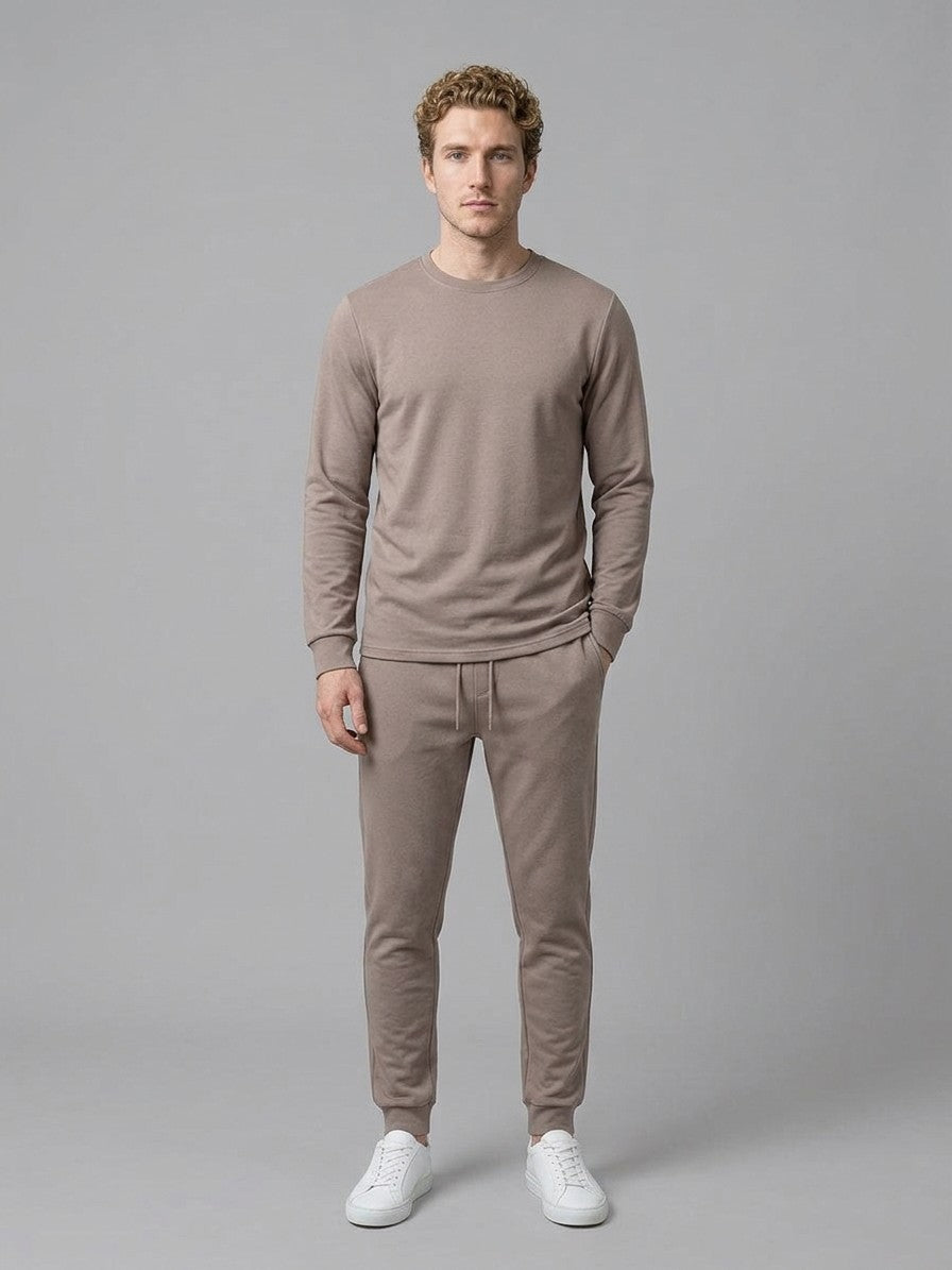 Monterosso Men's Slim-Fit Crew Top and Cuffed Jogger Set — mocha — fullfront