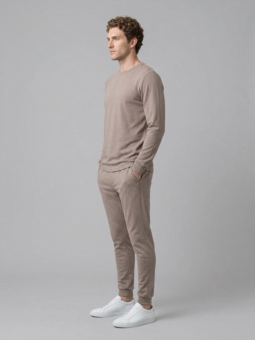 Monterosso Men's Slim-Fit Crew Top and Cuffed Jogger Set — mocha — fullside