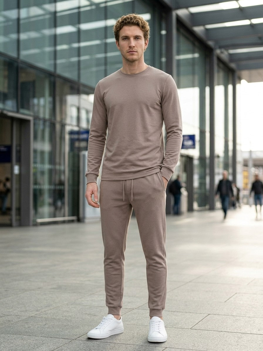 Monterosso Men's Slim-Fit Crew Top and Cuffed Jogger Set — mocha — lifestyle
