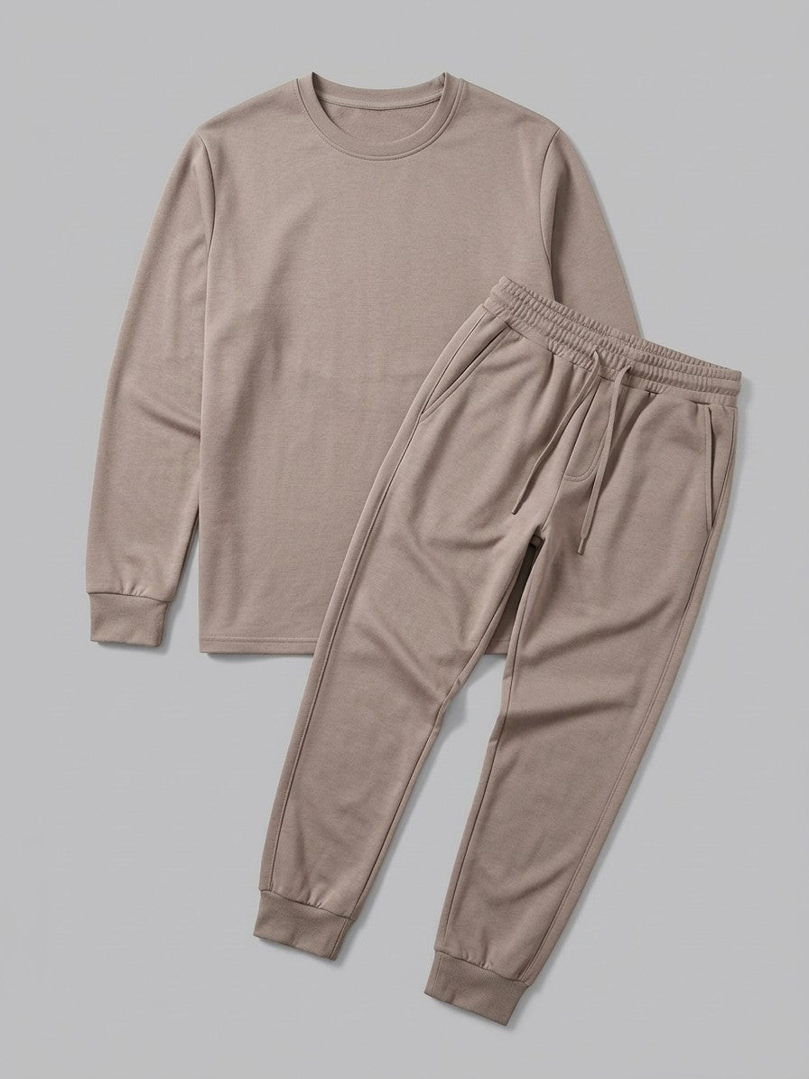 Monterosso Men's Slim-Fit Crew Top and Cuffed Jogger Set — mocha — packshot